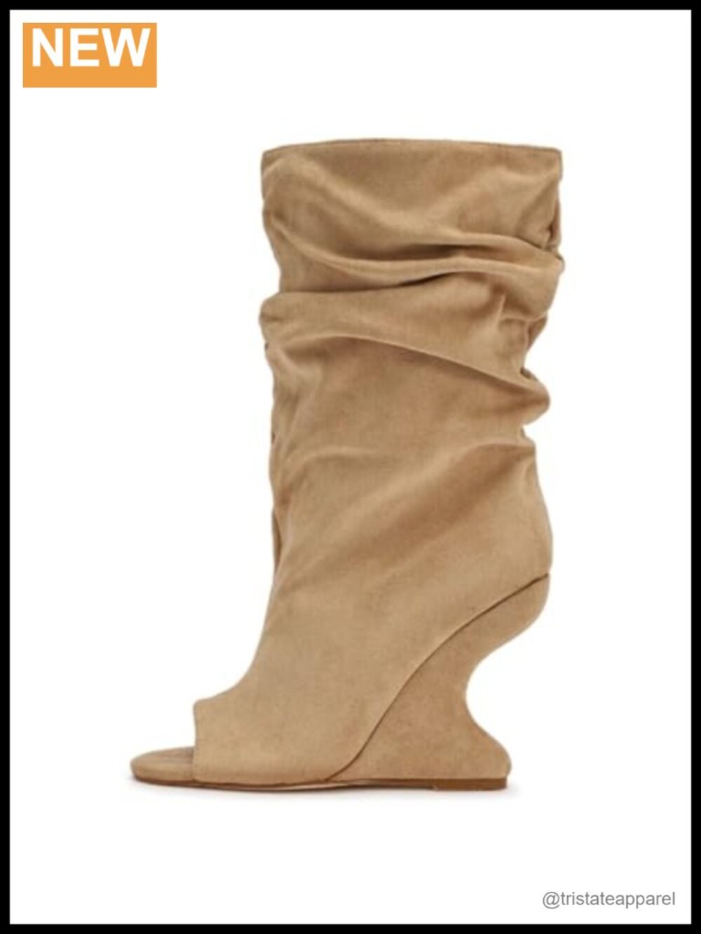 Faux Suede Slouchy Wedge Mid Calf Pull On Boots Peep Toe 10CM Heel